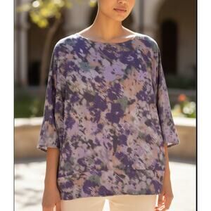 Chico's Floral Blouse Womens M Purple Pullover Wispy Sheer Mesh Lightweight